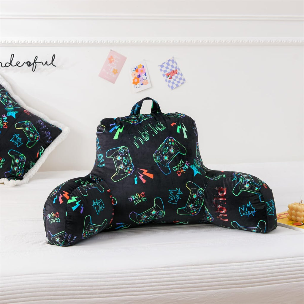 Holawakaka Reading Pillow with Arms Gamer Print Plush Bed Rest Pillows for Kids Teens Petites Sitting in Bed, Sofa, Chair, Lounge, Back Cus…