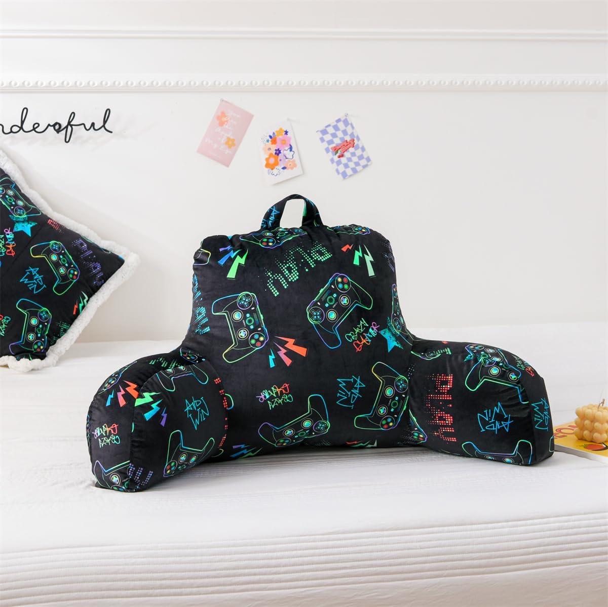 Holawakaka Reading Pillow with Arms Gamer Print Plush Bed Rest Pillows for Kids Teens Petites Sitting in Bed, Sofa, Chair, Lounge, Back Cus…
