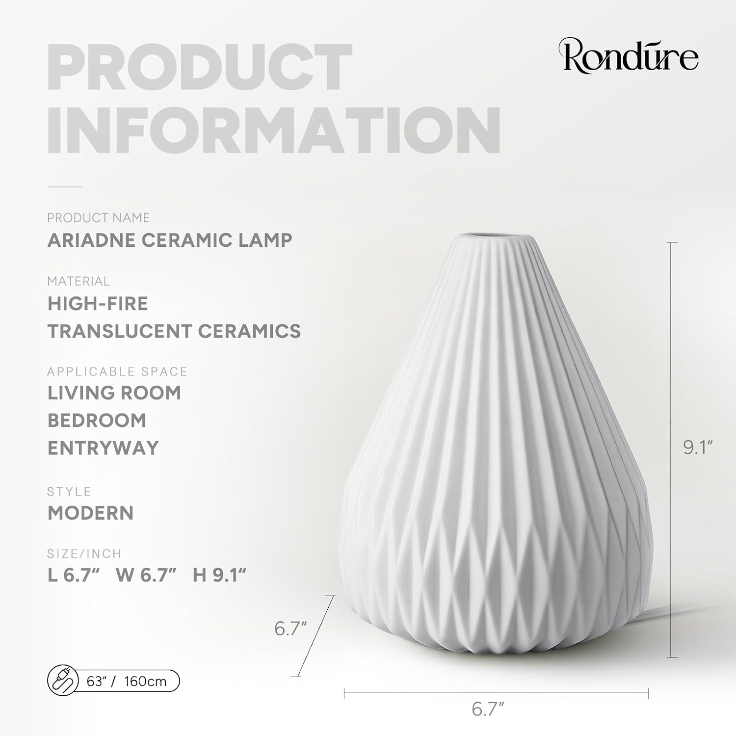 Rondure 9.1" Modern Ceramic Table Lamp, Fully Dimmable Modern Bedside Lamps for Bedroom, Living Room and Nightstand, White Translucent Cera…