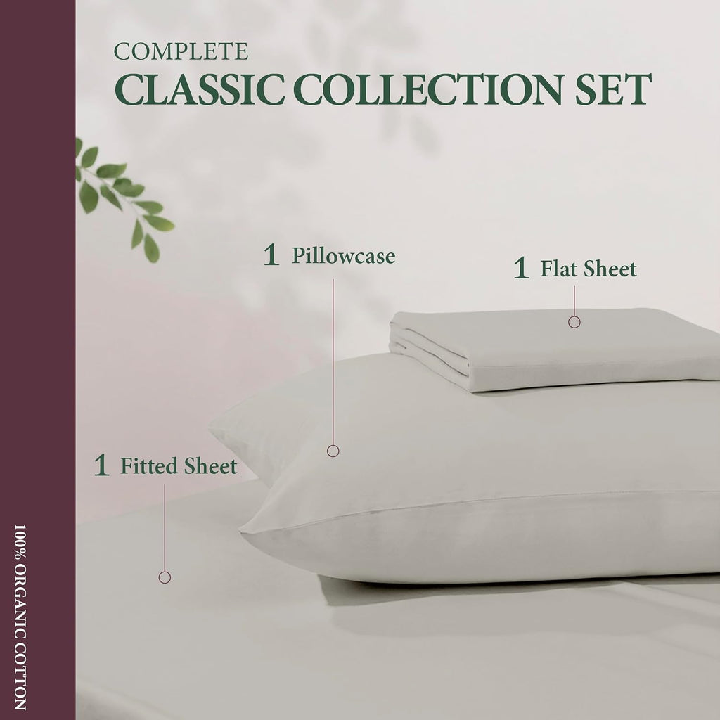 AshtonSheets 100% Organic Cotton Sheets Twin Size - Organic Cotton Twin Size Percale Weave Sheet Set (3 PC, Light Grey), Soft, Cooling, Cri…