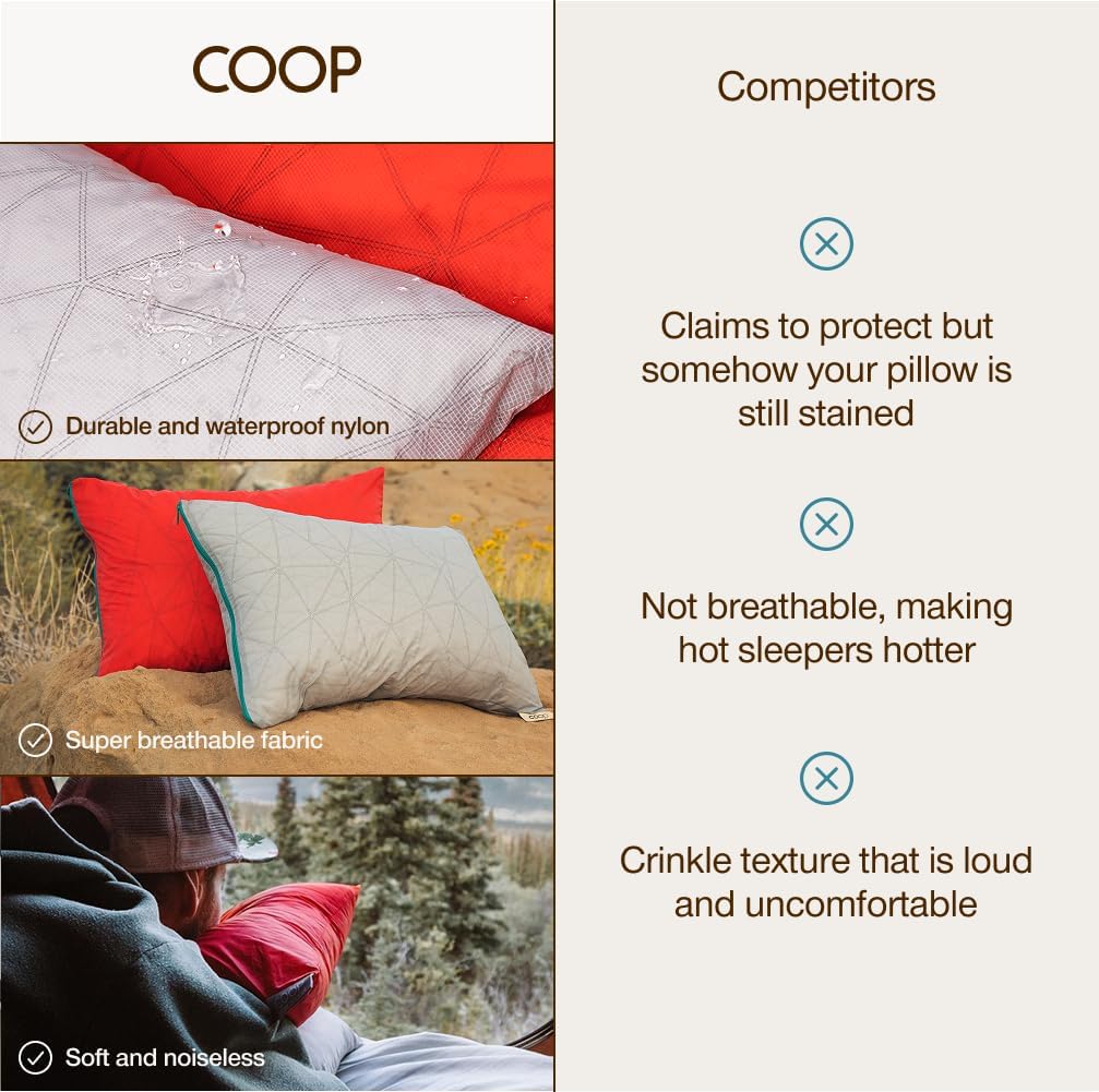 Coop Home Goods Nylon Camping and Travel Pillow Cover, Waterproof Camping Pillow Protector, Zippered Cover, Washable Travel Pillowcase…