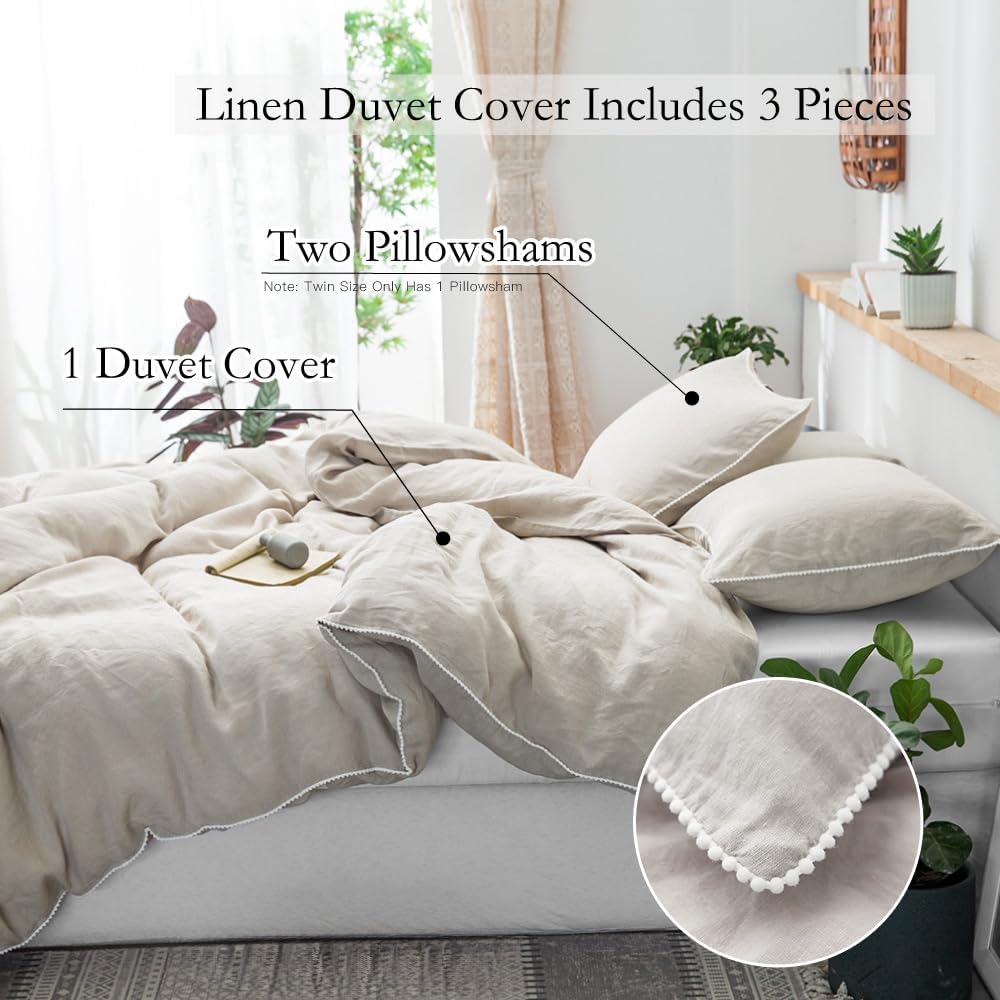 Simple&Opulence 100% Washed Linen Duvet Cover with Pom Pom Trim, Natural French Flax Bedding Set Soft Breathable,1 Farmhouse…