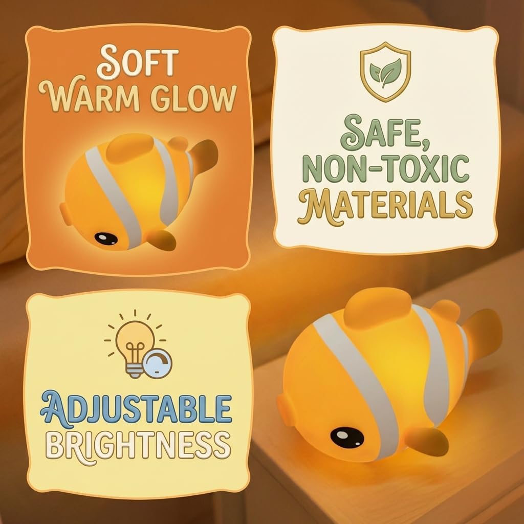 Avacom Cute Clownfish Night Light - Soft Squishy Silicone Pat Lamp with 3-Level Brightness Adjustment, Timer Function, Rechargeable Touch C…