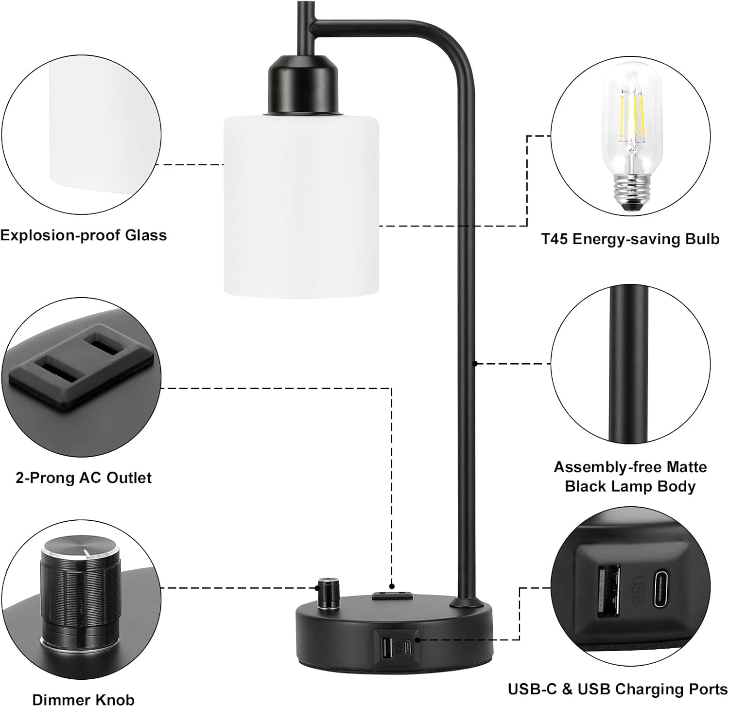 Industrial Bedroom Lamps for Nightstand Set of 2 - Fully Dimmable Bedside Lamps with USB A C Ports and Outlet, Black Table Lamps with…