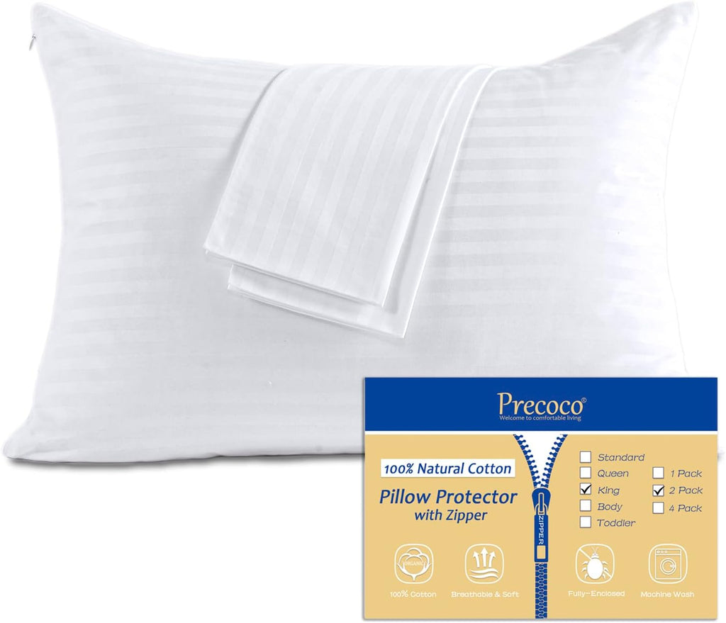 100% Cotton King Pillow Protectors with Zipper, White Pillow Cases King Size Set of 2 for Home & Hotel, Sateen Soft Cooling Hidden…