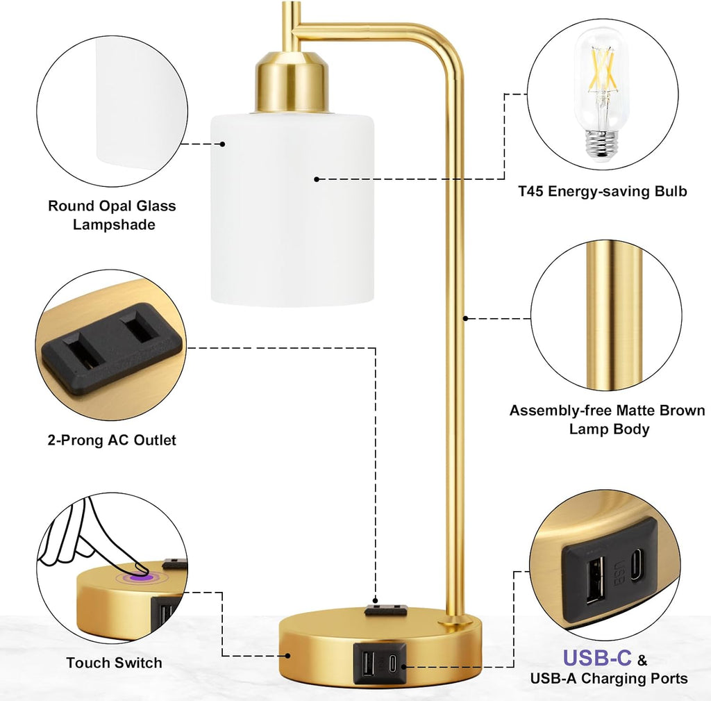 Innqoo Industrial Gold Table Lamps for Bedrooms Set of 2-3-Way Dimmable Desk Lamp with USB C+A Ports and Outlet, Gold Lamps with Opal…