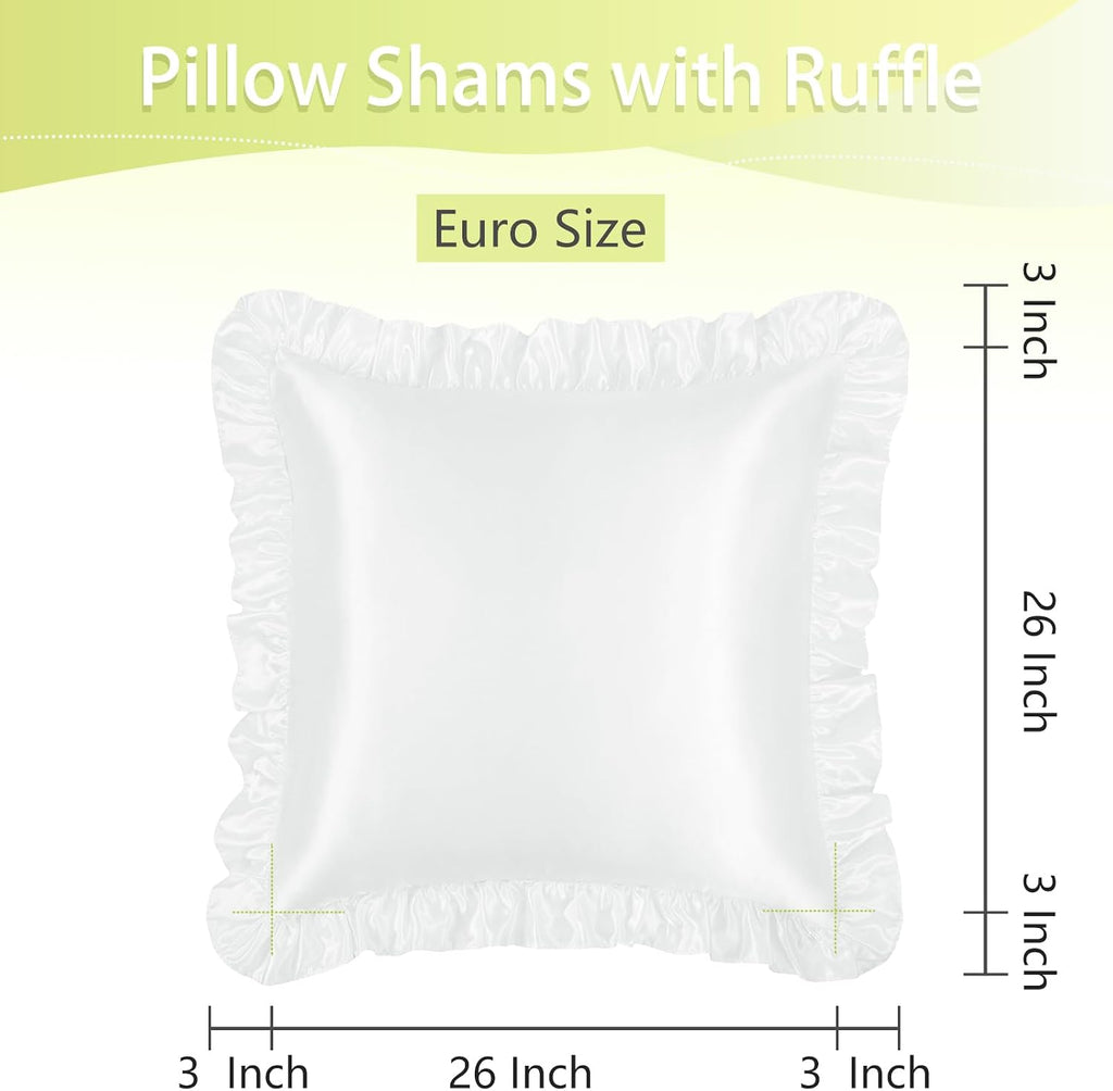 Homiest Ruffle Euro Sham Covers 26x26 Inch Set of 2, White Satin Pillow Shams with 3 Inch Wide Decorative Ruffled, European Square Satin…