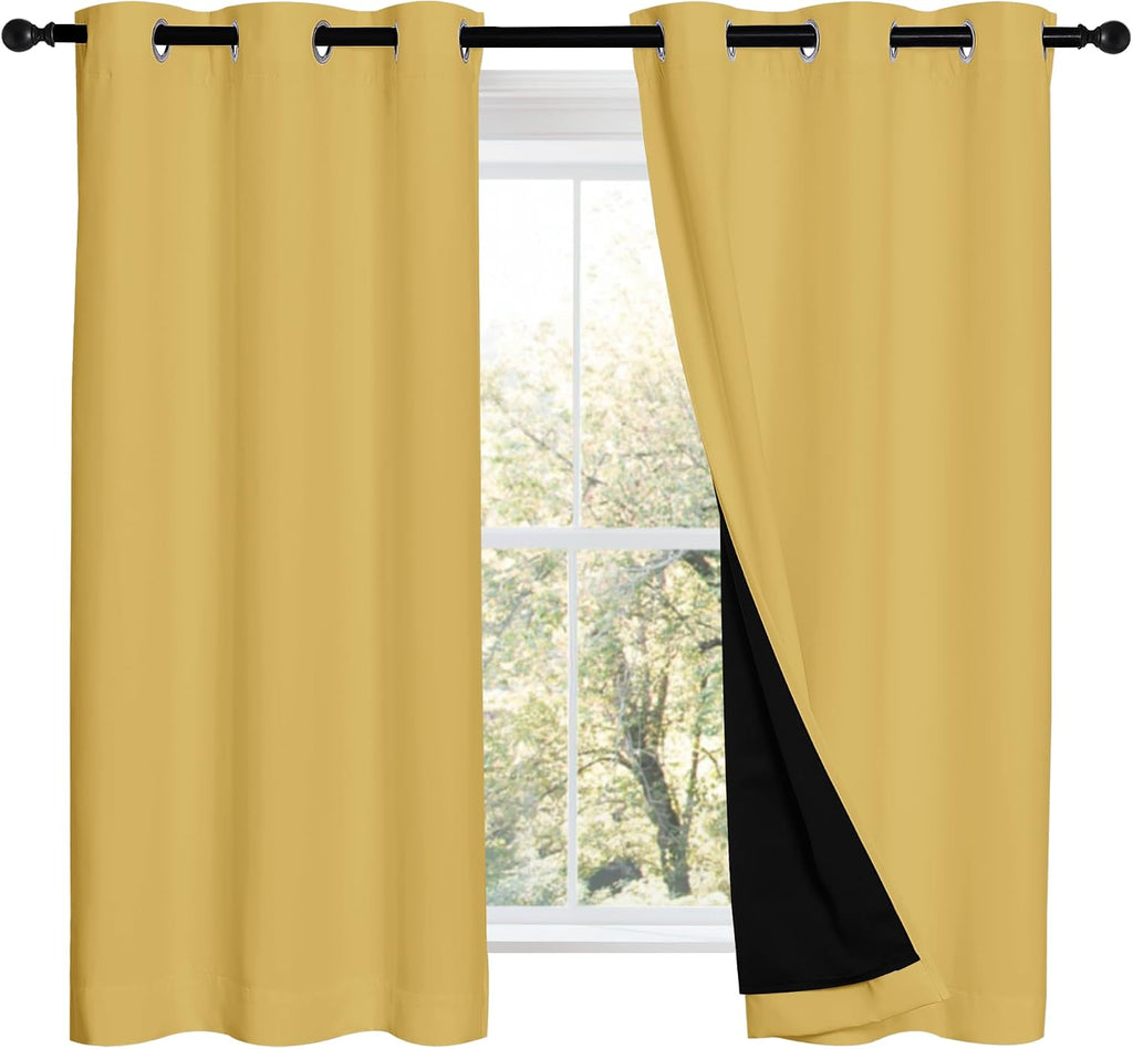 Nicetown Bright Yellow 100% Blackout Curtains 2 Panels with Black Liners, Thermal Insulated Full Blackout 2-Layer Lined Drapes, Noise Cance…