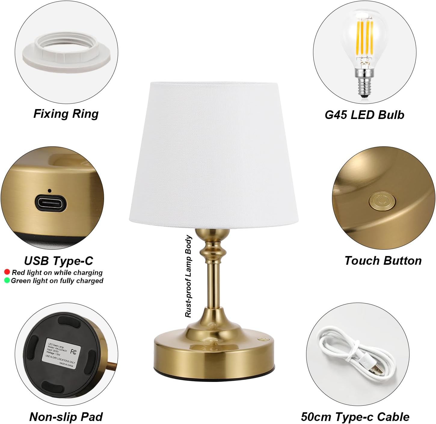 Kakanuo Mini Cordless Table Lamp Gold - 1 Pack 4000mAH Battery Operated Lamp for Decor, 3000K Stepless Dimming Touch Control Rechargeable…
