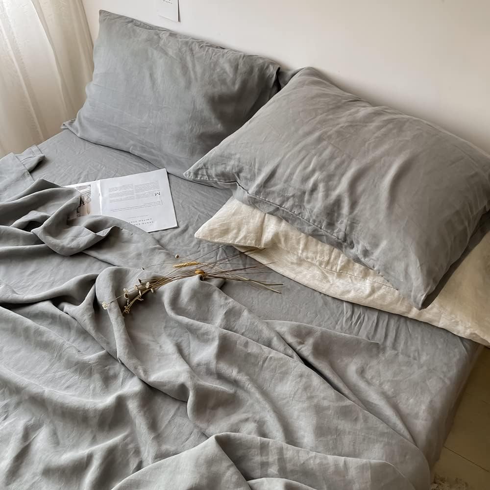 Simple&Opulence 100% Linen Pillowcases Basic Style Solid Color Set of 2, King Size Stone Washed Flax Pillow Cover Envelope Closure…