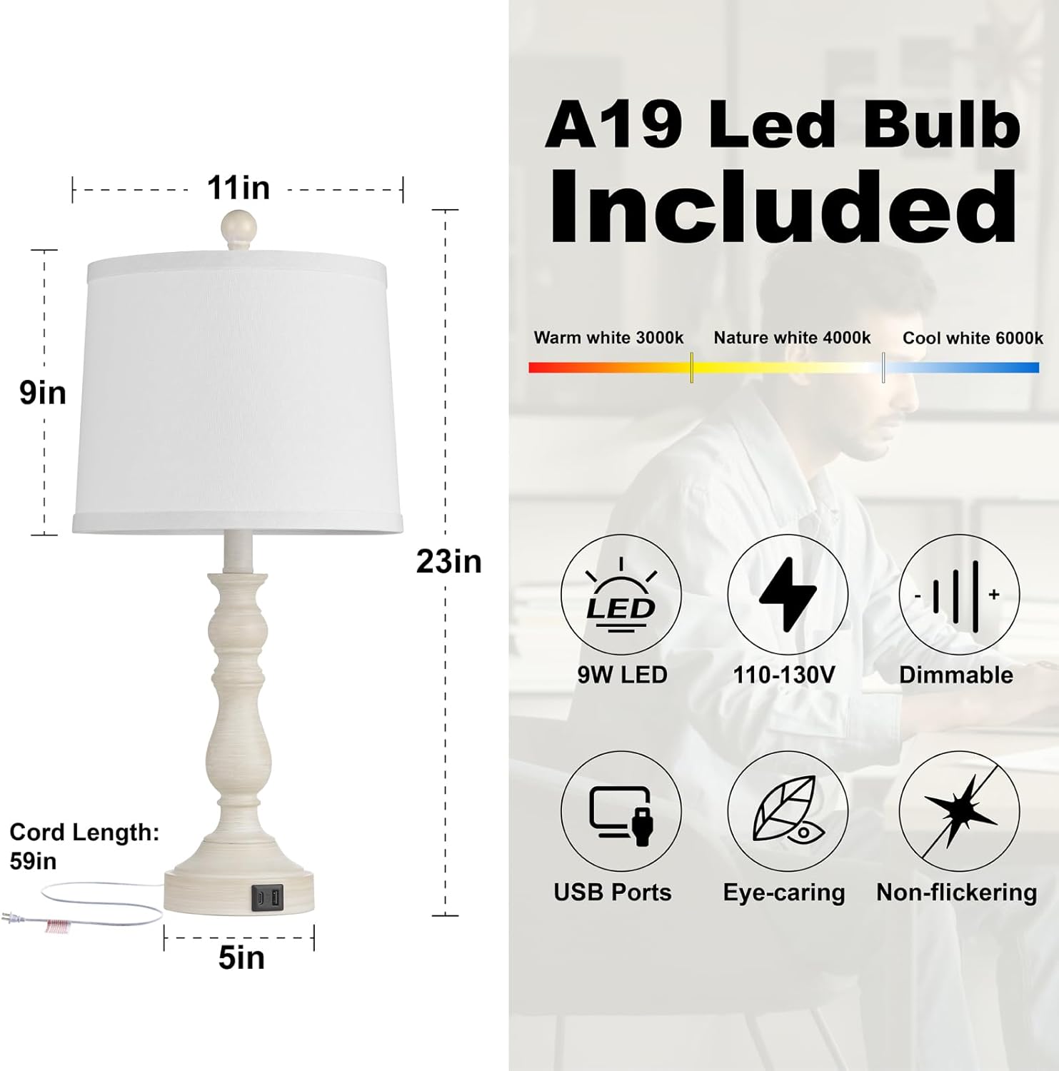 23'' Farmhouse Table Lamps for Living Room Set of 2 with USB C+A Ports, Retro Bedside Lamp for Bedroom, Office, Dining Room, Knob Switch…