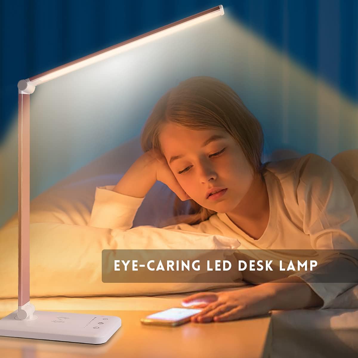 Jostic LED Desk Lamp with Wireless Charger, USB Charging Port, Desk Lighting with 10 Brightness, 5 Color Modes, Dimmable Eye Caring Reading…