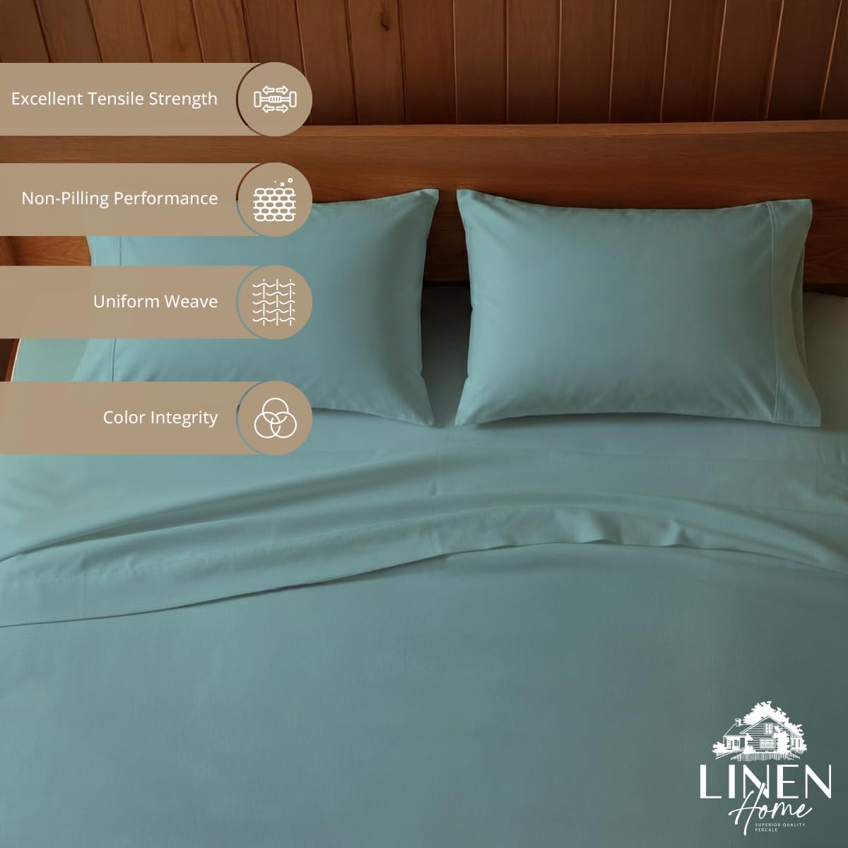 Linen Home 100% Cotton Percale Sheets Queen Size, Aqua Blue, Deep Pocket, 4 Pieces Set - 1 Flat, 1 Deep Pocket Fitted Sheet and 2…