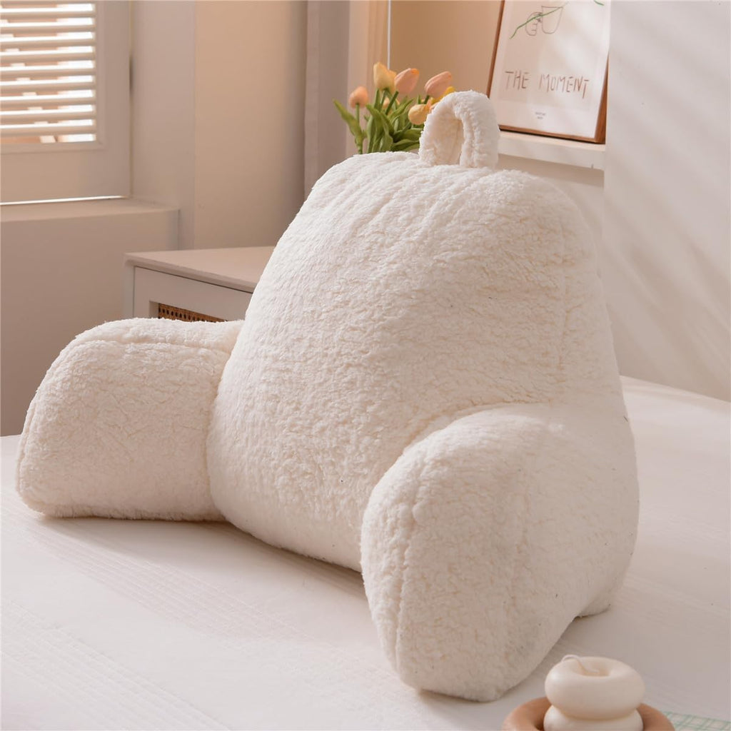 Ntbed Sherpa Reading Pillow for Backrest with Arms, Kids Adult Bed Rest Pillow Back Support for Sitting Up in Bed Chair Pillow(White) White