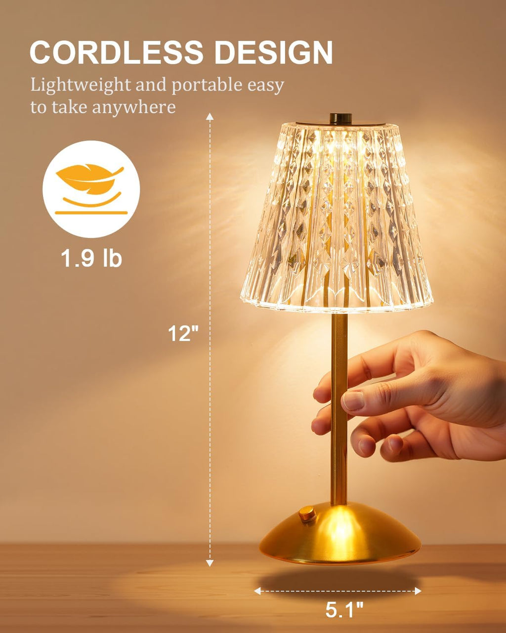 Nusogon 2 Pack Cordless Crystal Table Lamps, Premium Rechargeable Touch Lamps with 3 Color Dimmable Lighting for Bedroom, Nightstand…