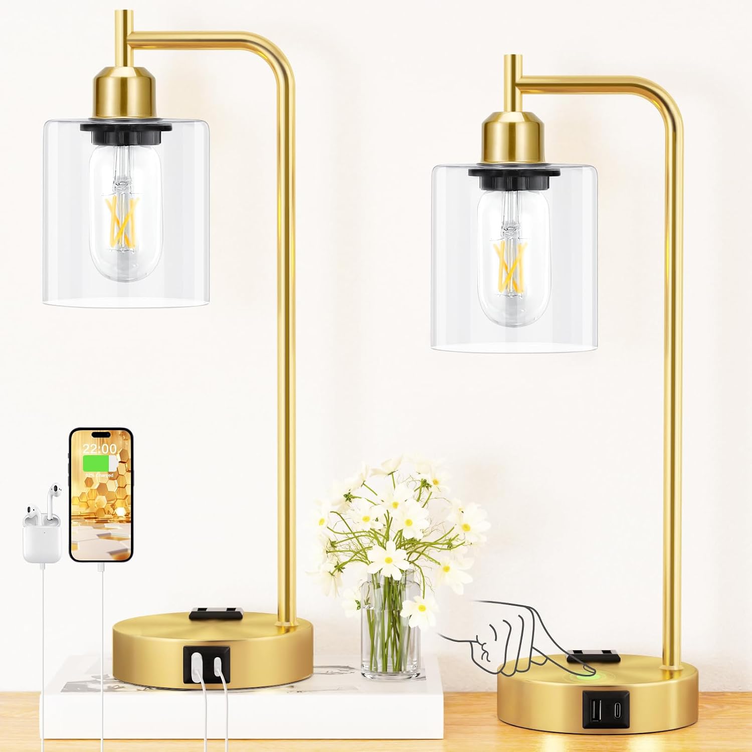 Innqoo Industrial Gold Table Lamp for Bedrooms Set of 2-3-Way Dimmable Desk Lamp with USB C+A Ports and Outlet, Gold Lamps with Clear…