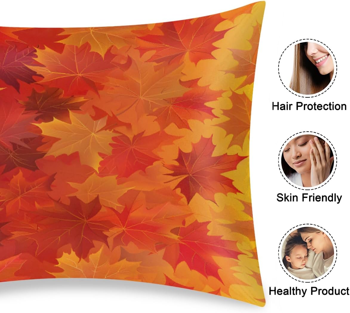 Satin Pillowcase for Hair and Skin Orange Thanksgiving Maple Soft Silk Pillow Case with Envelope Closure Cooling Pillow Cases Slip…