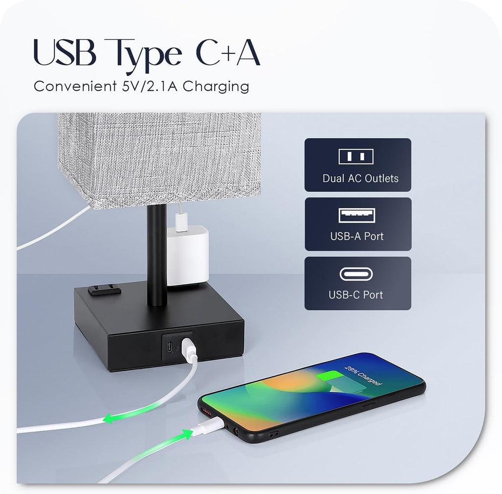 Bedside Table Lamps Set of 2 - Touch Nightstand Lamp for Bedroom with USB C+A Charging Ports & AC Outlets, 3-Way Dimmable Desk Lamp Grey…