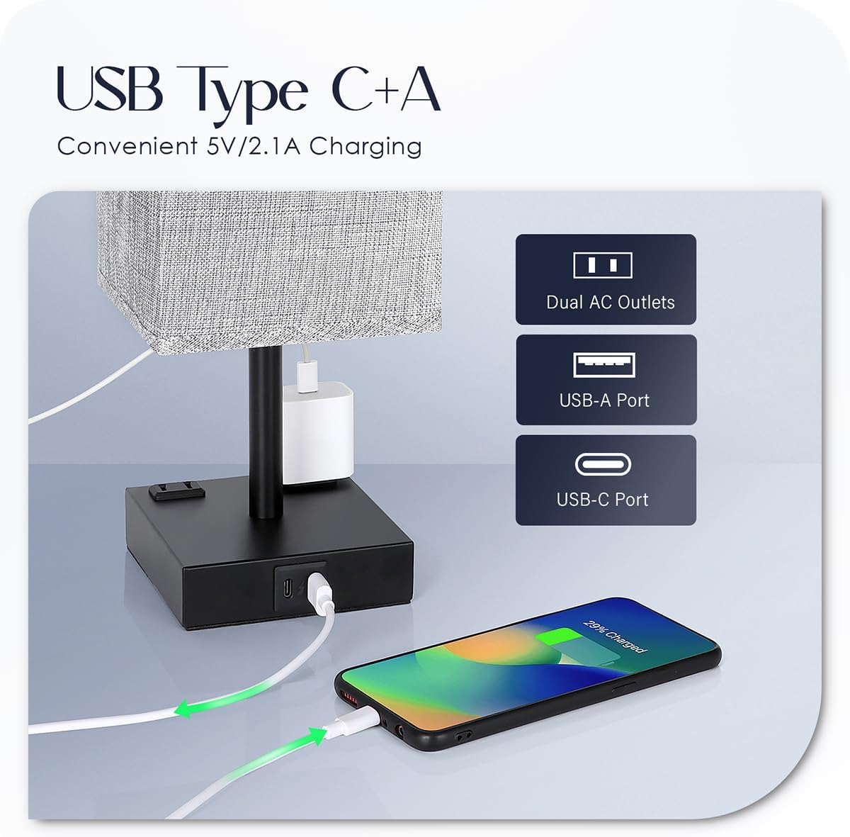 Bedside Table Lamps Set of 2 - Touch Nightstand Lamp for Bedroom with USB C+A Charging Ports & AC Outlets, 3-Way Dimmable Desk Lamp Grey…
