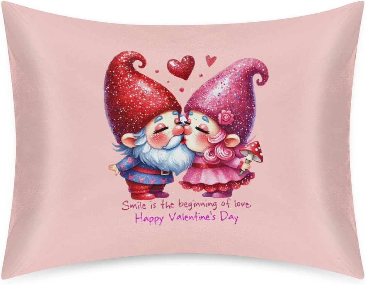 Valentine Gnomes Couple Love Satin Silk Pillowcase for Hair & Skin Pillow Cases Standard Size Soft Silk Pillow Case with Envelope Closure…