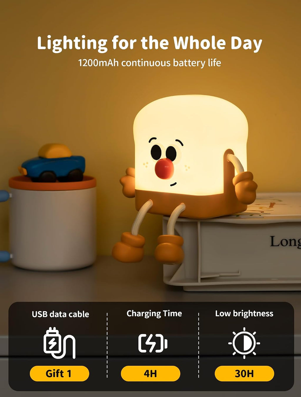 Toast Night Light for Kids, Rechargeable Bedside Table Lamp, Portable Night Lamps, Cute Nursery Night Lights for Bedroom, Office, Desk…