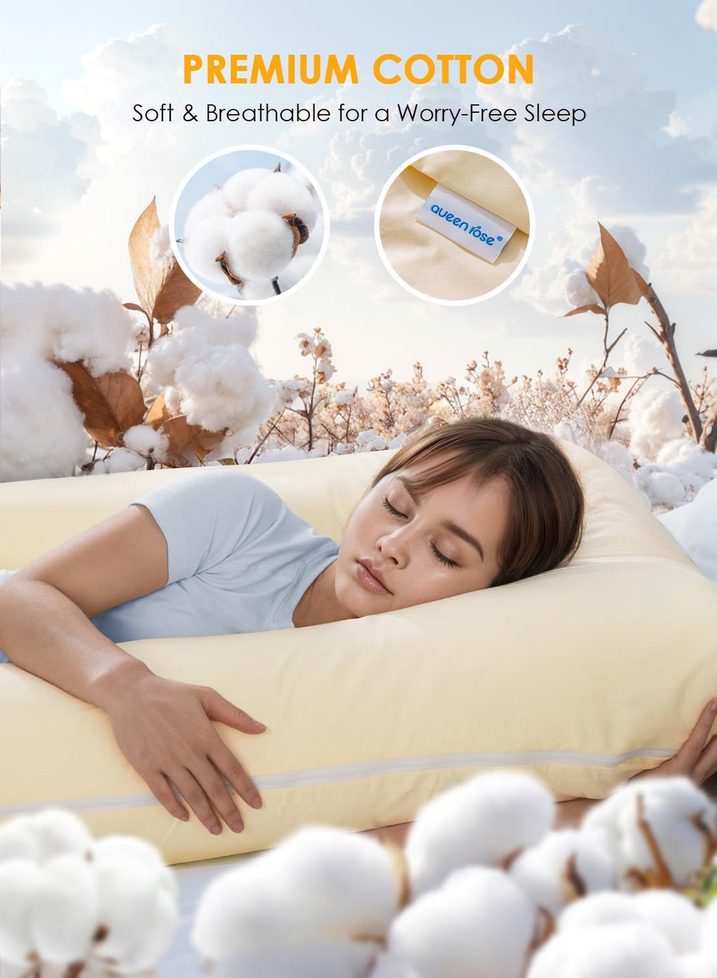 Queenrose QUEEN ROSE Pregnancy Pillows, Soft Cotton U Shaped Body Pillow for Sleeping, Maternity Pillow for Pregnant Women, Sunlight Yellow…