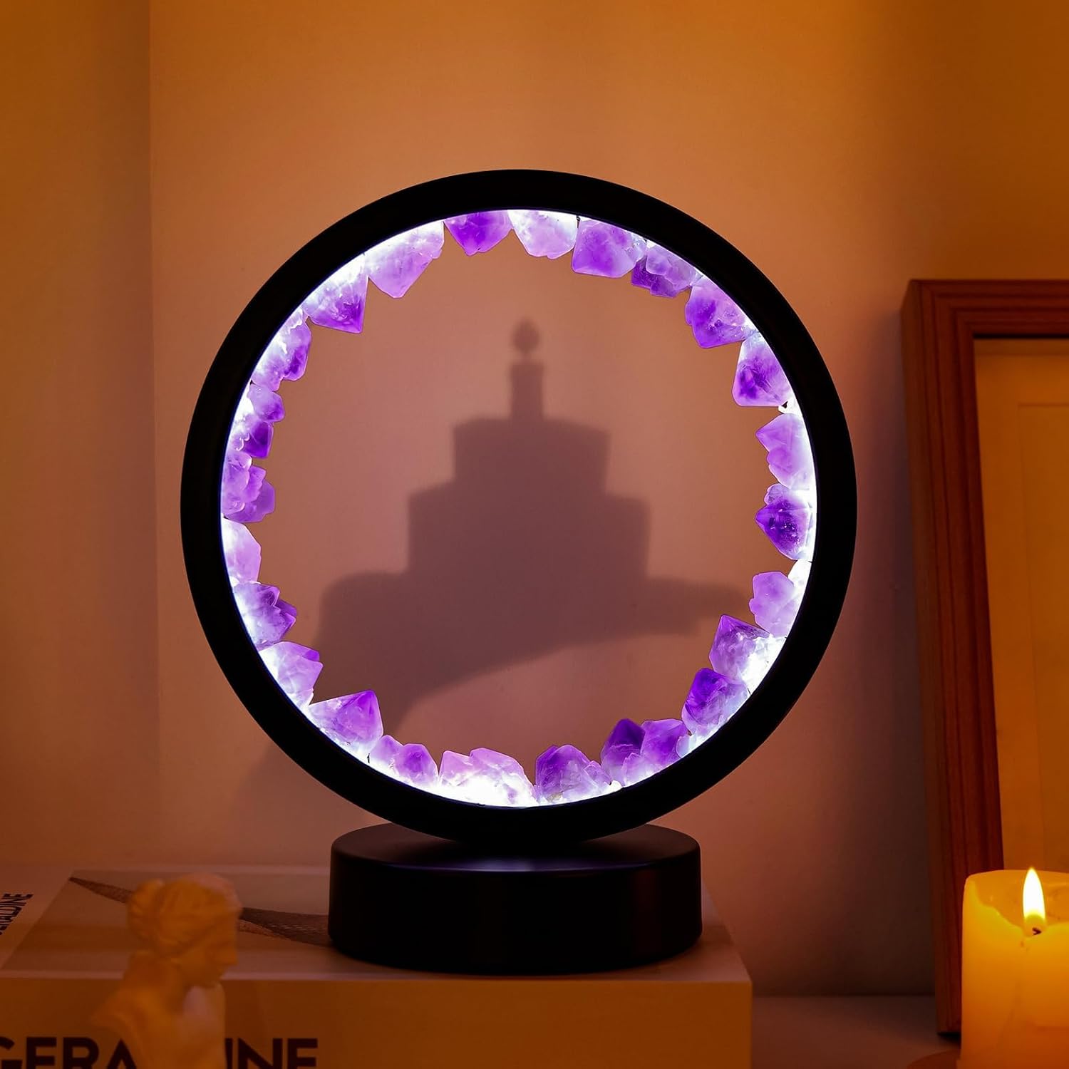 Runyangshi Amethyst Tooth Night Lamp 8.6" Natural Healing Crystal Bedside Lamp USB Port 3 Colours Dimming Mode Bedroom Lamp Suitable…