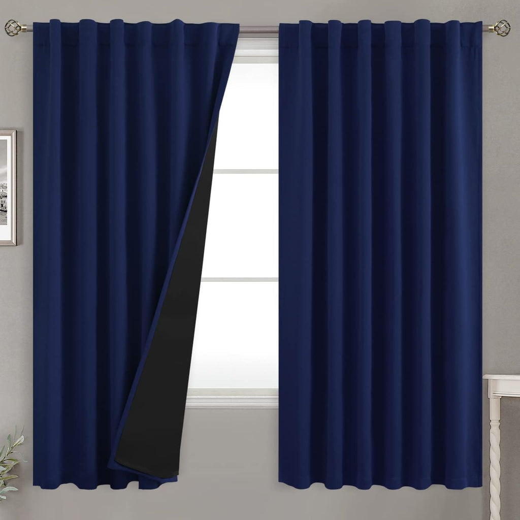 BGment Navy Blue 100% Blackout Curtains 63 Inches Long with Reducing Noise Liner, Rod Pocket and Back Tab Double Layer Full Room…