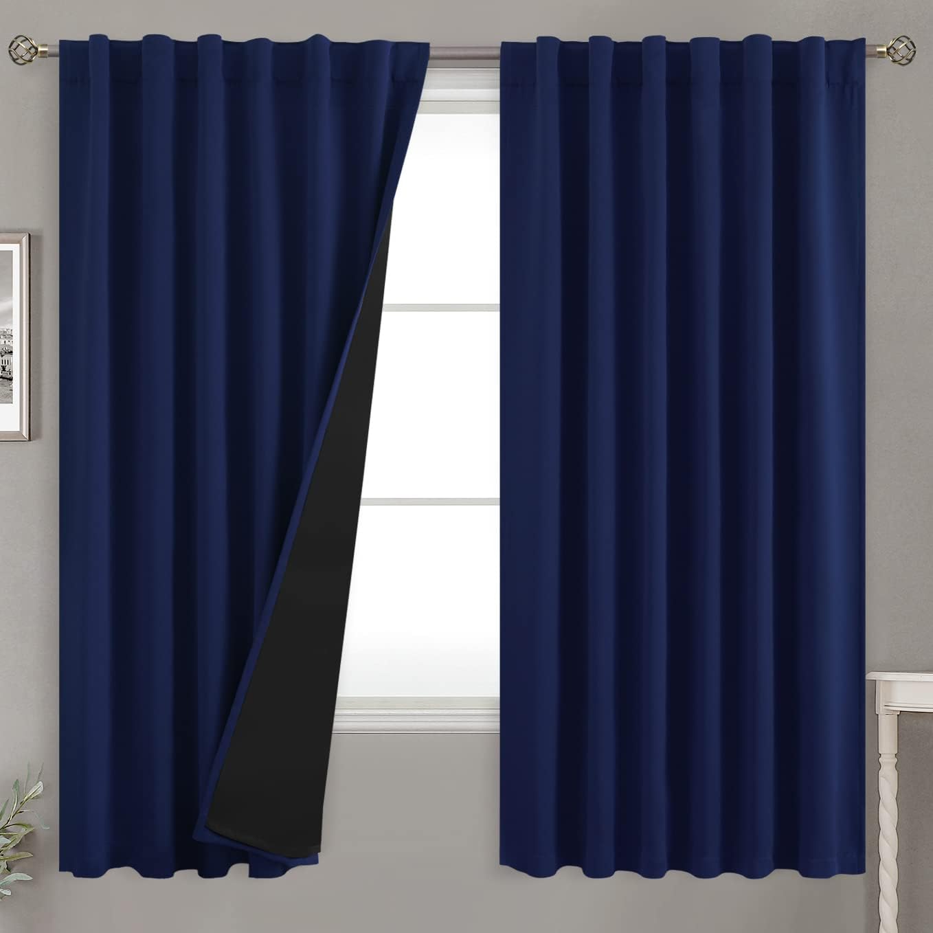 BGment Navy Blue 100% Blackout Curtains 63 Inches Long with Reducing Noise Liner, Rod Pocket and Back Tab Double Layer Full Room…