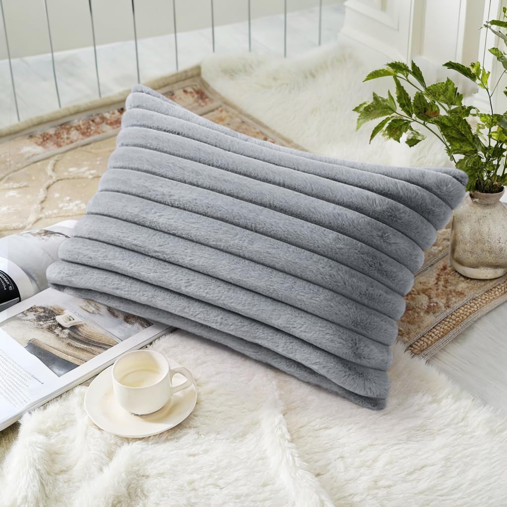 decorUhome Cozy Faux Fur Throw Pillow Covers 12x20 Set of 2 Decorative Soft Plush Striped Lumbar Modern Farmhouse Boho Couch Pillow Cases w…
