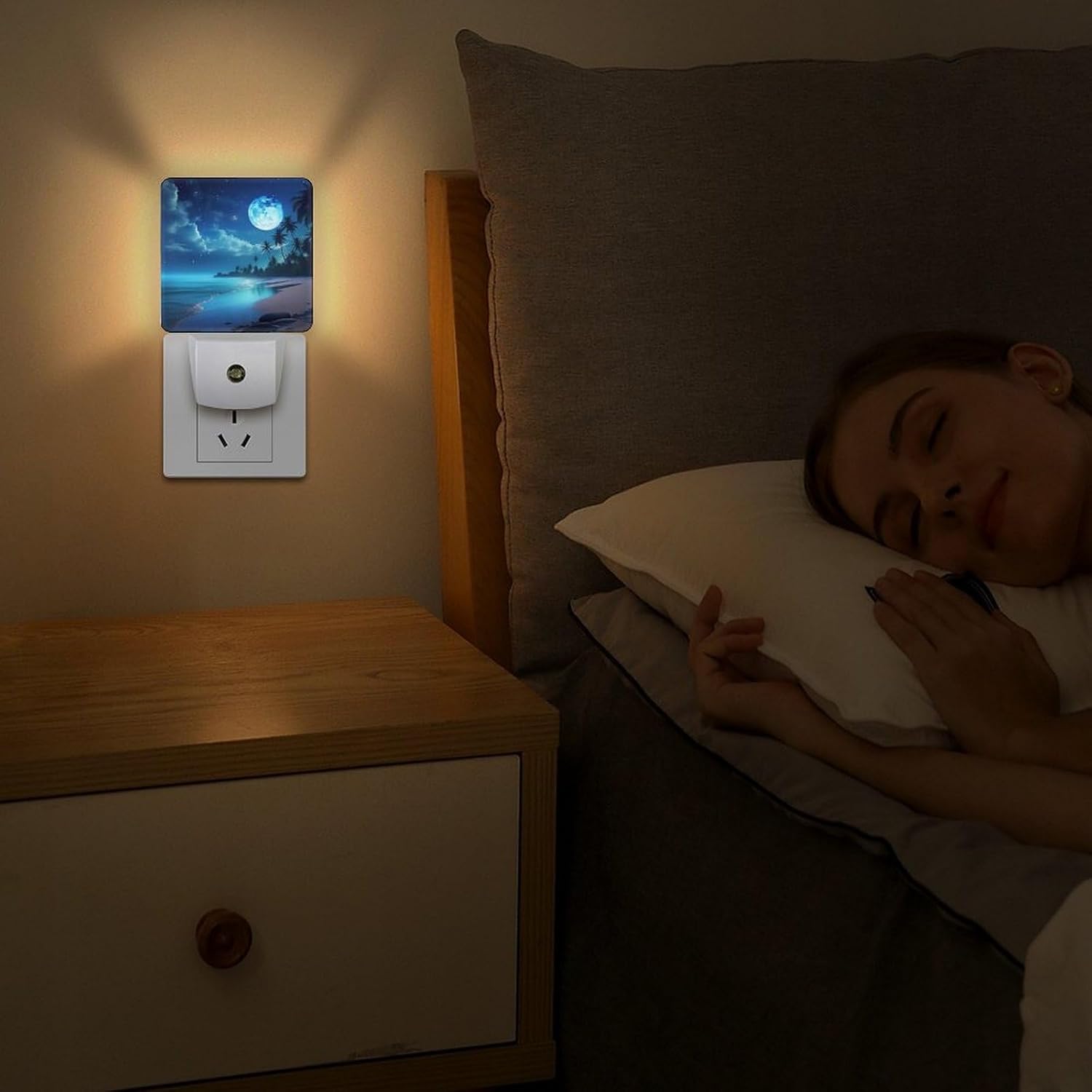 YKJAHSD Moon Beach Night Light, Plug into Wall Decor Nightlights for Bedroom, Bathroom, Hallway, Kitchen, with Dusk to Dawn Light Au…
