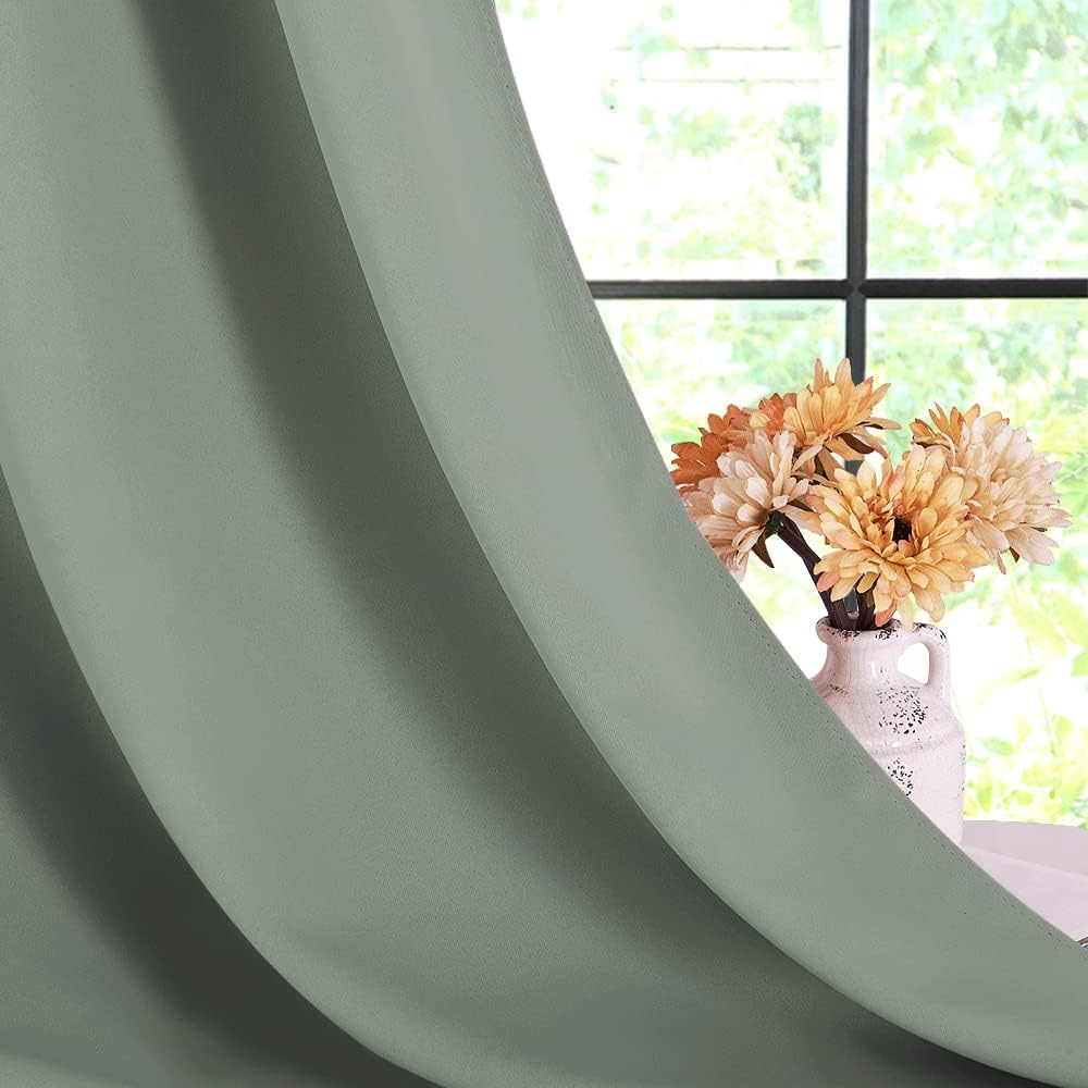 NICETOWN Window Curtain Panels, Greyish Green, 1 Pair, 34 by 80-inch, Thermal Insulated Solid Grommet Blackout Draperies/Drapes for Basement