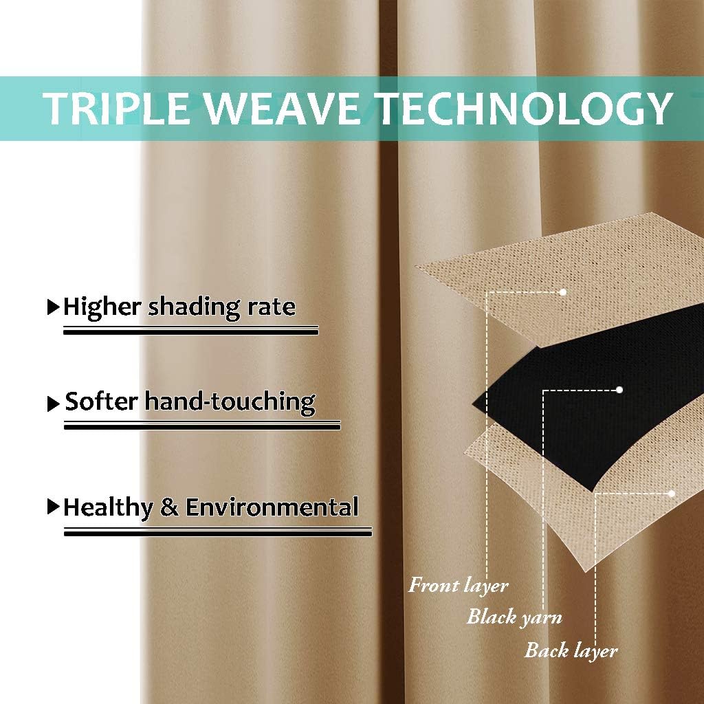 Nicetown Bedroom Full Blackout Curtain Panels, Super Thick Insulated Rod Pocket Window Covers, Blackout Draperies with Black Liner for Shor…