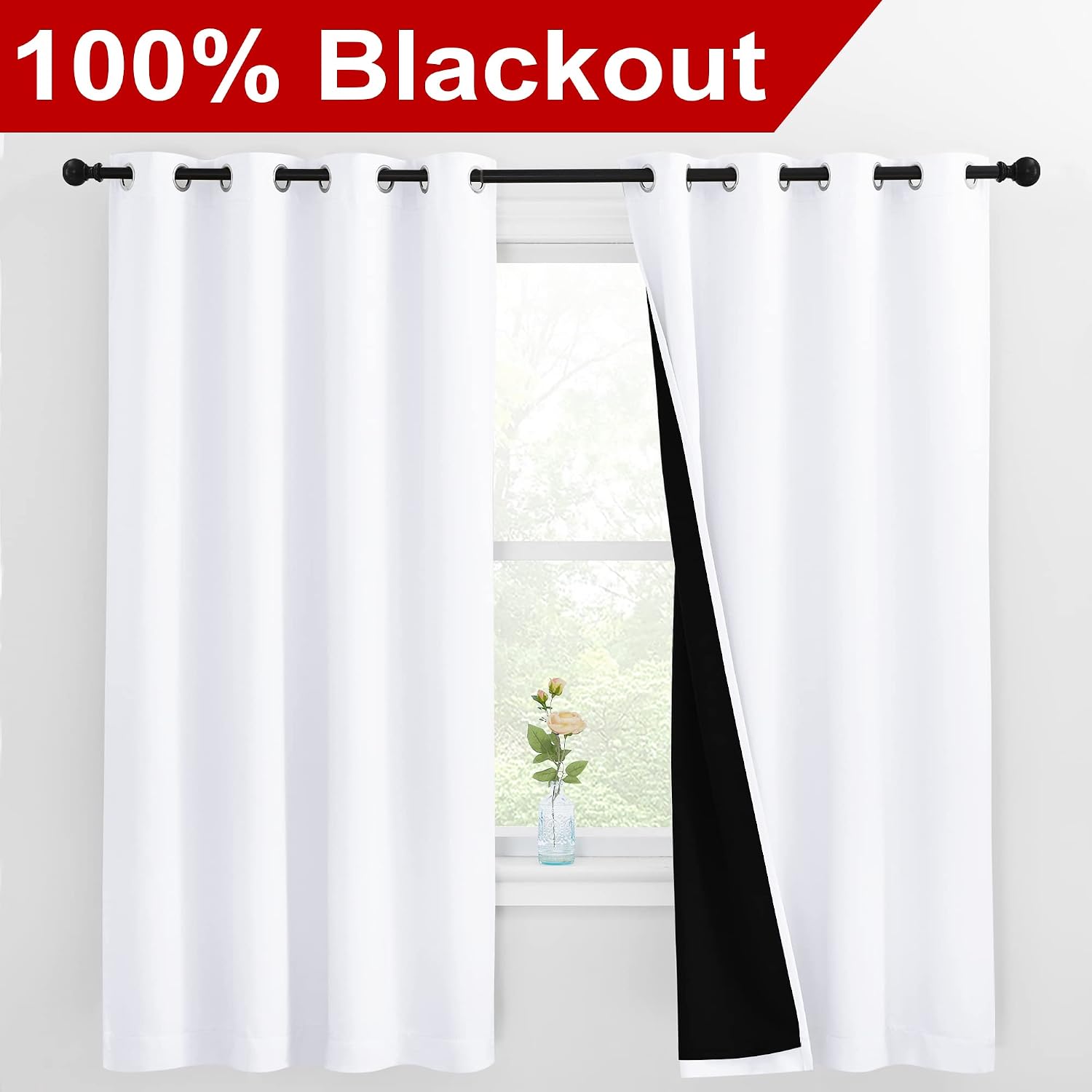 Nicetown White 100% Blackout Lined Curtains, 2 Thick Layers Completely Blackout Window Treatment Thermal Insulated Drapes for Kitchen/Bedro…