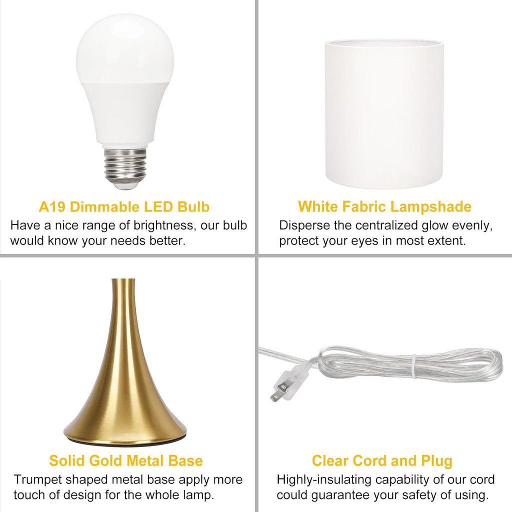 Gold Bedside Lamp Touch Control Table Lamp for Bedroom, 3-Way Dimmable Nightstand Lamp with White Shade, Modern Table Lamp for Living…