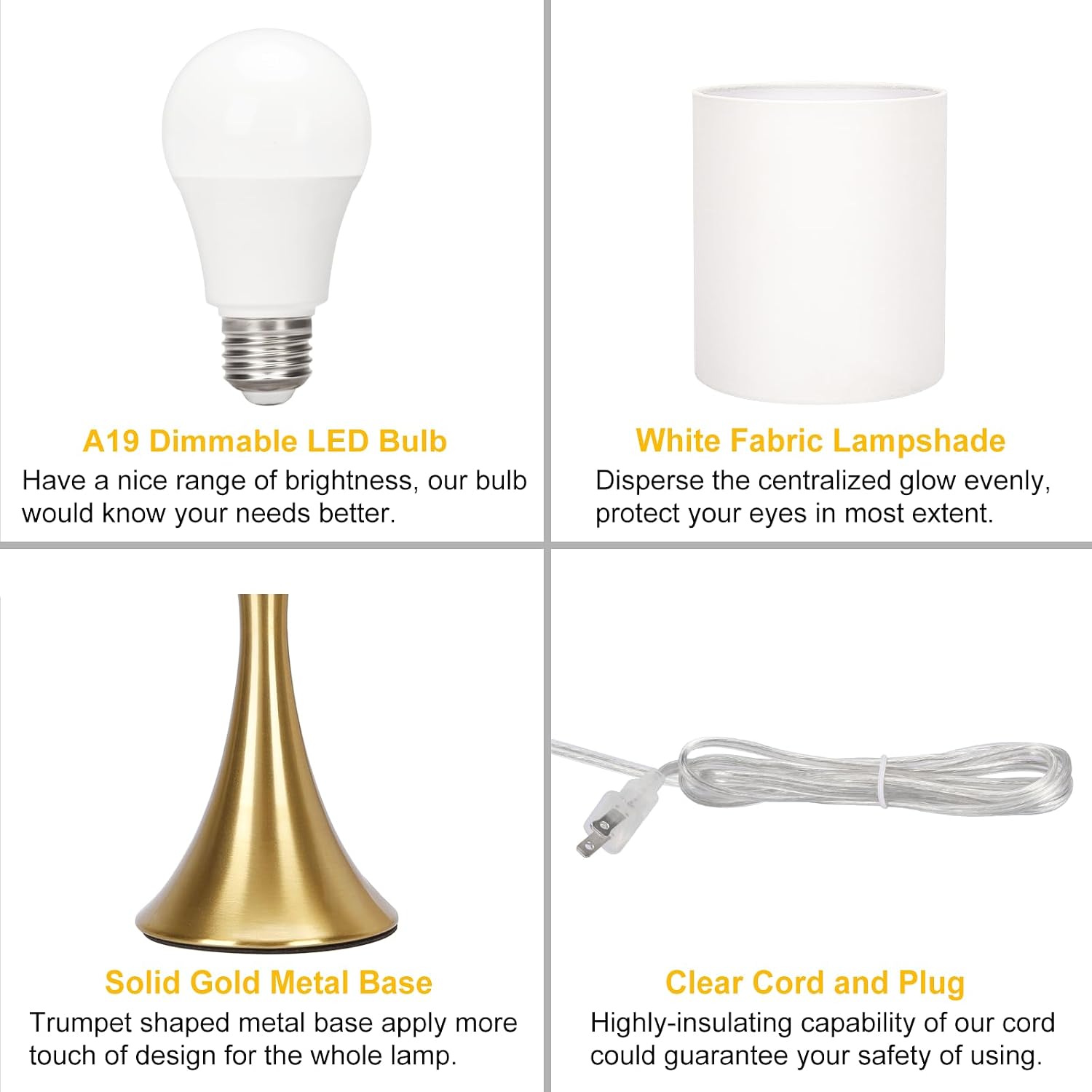 Gold Bedside Lamp Touch Control Table Lamp for Bedroom, 3-Way Dimmable Nightstand Lamp with White Shade, Modern Table Lamp for Living…