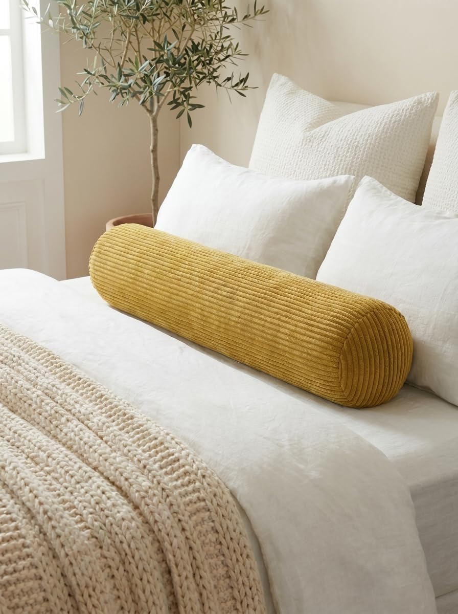 Long Cylinder Pillow–8x35.4 Inch Corduroy Lumbar Pillow, Shredded Sponge Filled for Neck, Back, Leg, Knee & Arm Support, Boho Decorative…