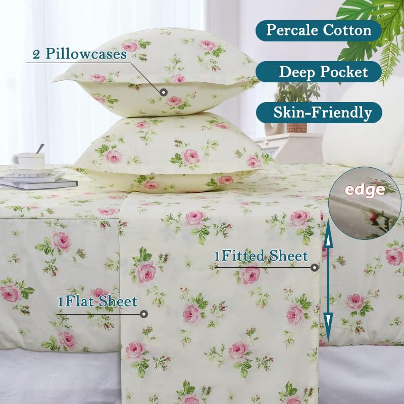 Fadfay Yellow Floral Bed Sheet Cotton King Size Soft Breathable Shabby Coquette Sheets Deep Pocket Pink Rose Flower Printed Set 4 Pcs