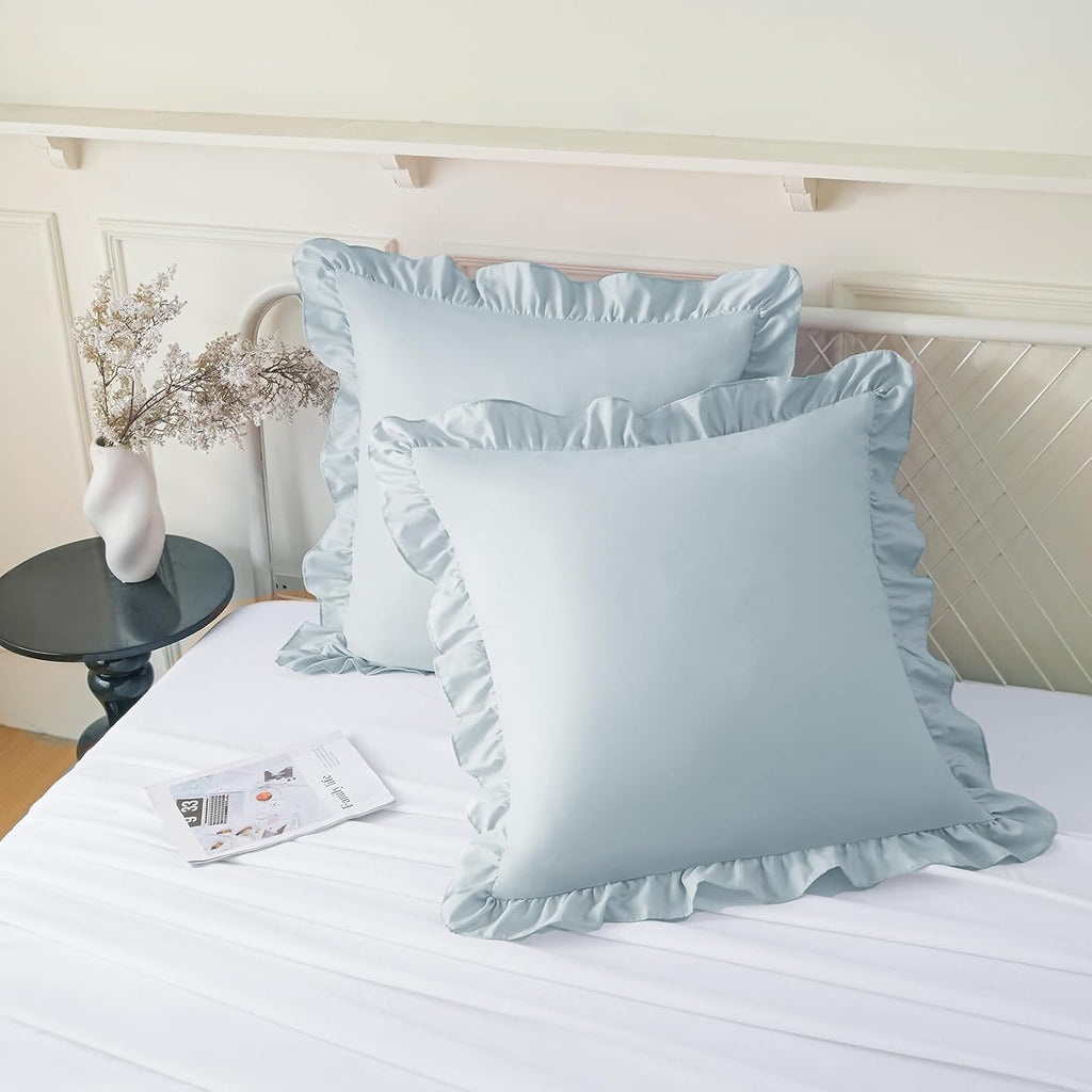 KKJIAF Ruffle Pillow Cases 22x22 Inches, Dusty Blue Square Ruffled Pillow Covers Set of 2, Microfiber Wrinkle Resistant Pillow Shams with…