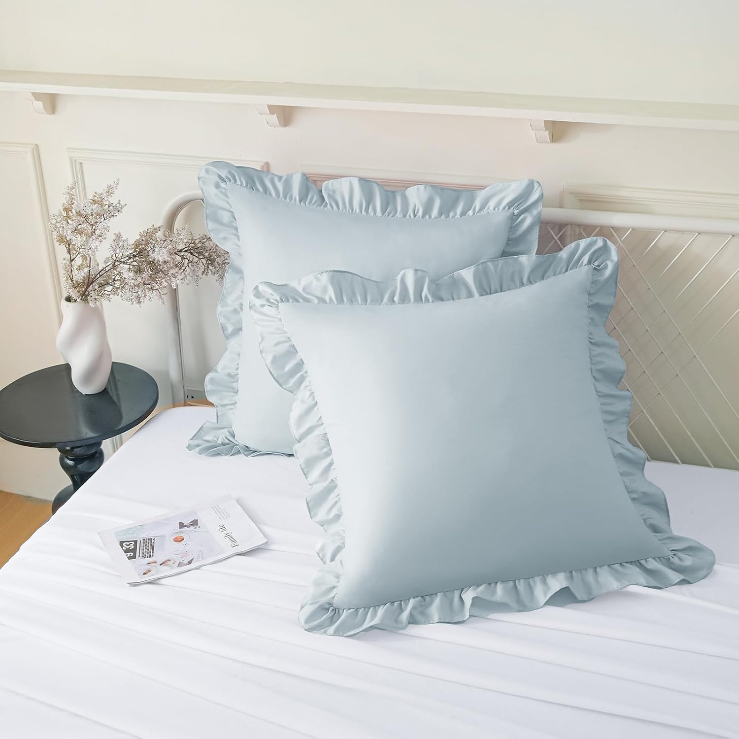 KKJIAF Ruffle Pillow Cases 22x22 Inches, Dusty Blue Square Ruffled Pillow Covers Set of 2, Microfiber Wrinkle Resistant Pillow Shams with…