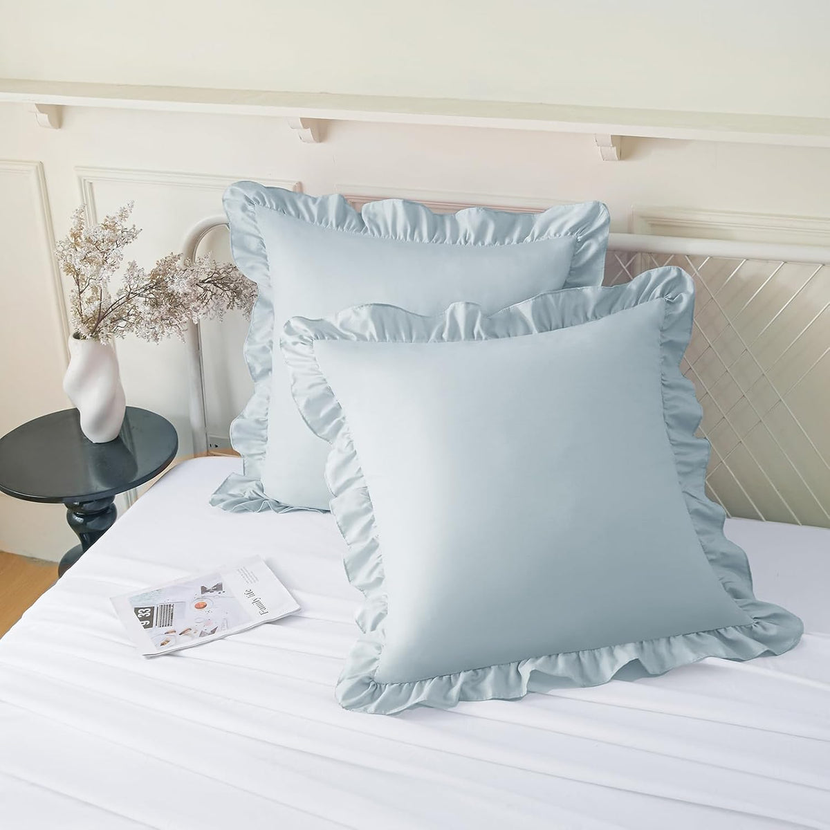 KKJIAF Ruffle Pillow Cases 20x20 Inches, Dusty Blue Square Ruffled Pillow Covers Set of 2, Microfiber Wrinkle Resistant Pillow Shams with…