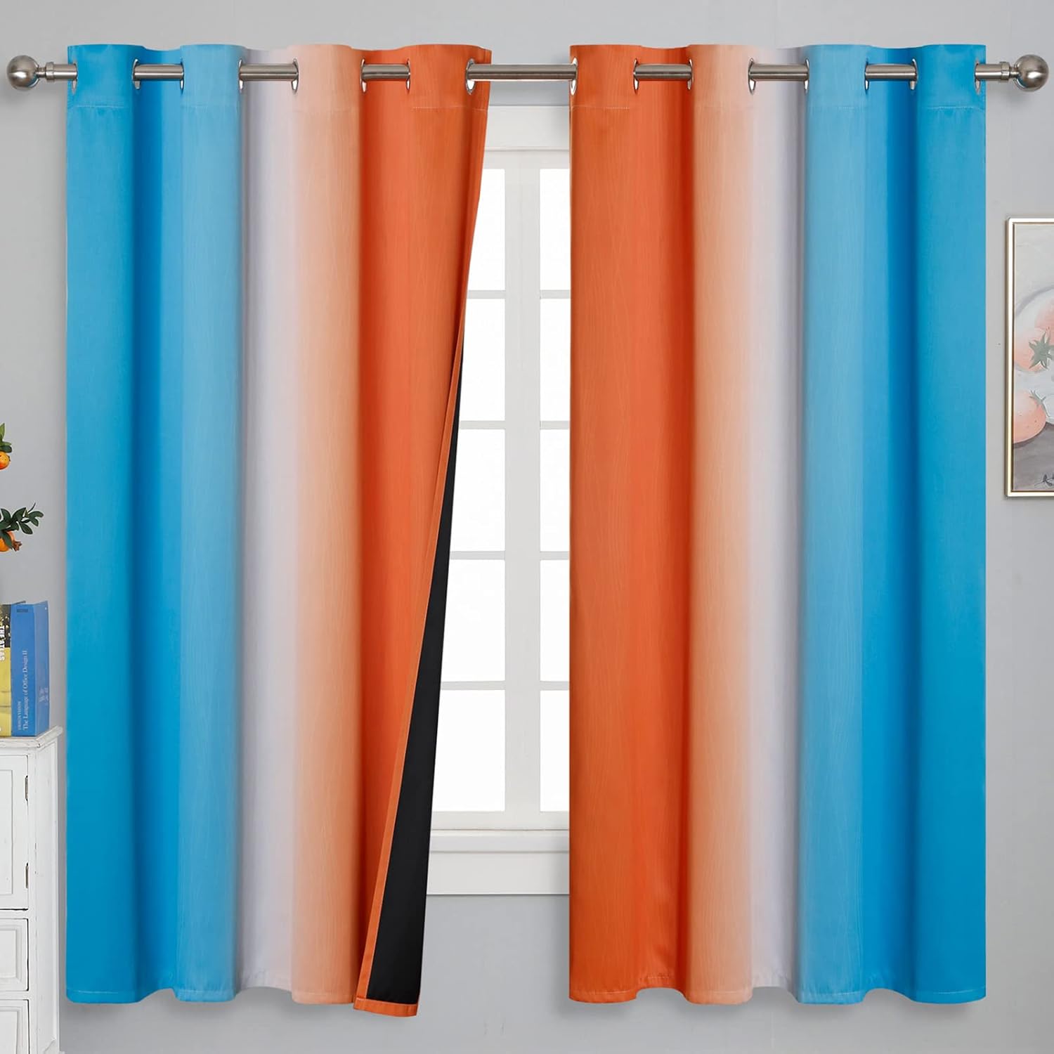 Estelartextiler Estelar Textiler Ombre Orange and Blue Curtains 63 Inch Length 2 Panels, Total Blackout Curtains for Bedroom, Grommet Therm…