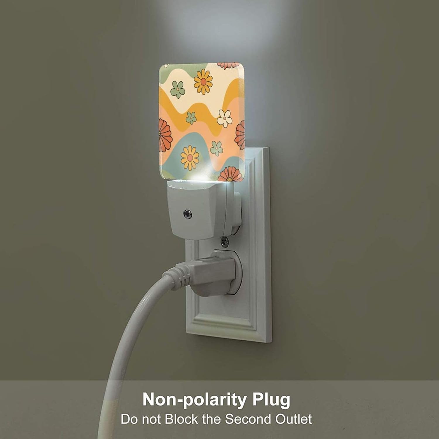 Waves and Floral Night Light, Plug Into Wall for Boys Girls Bedroom Decorative Square Night Light Lamp 0.5w Sleep Friendly