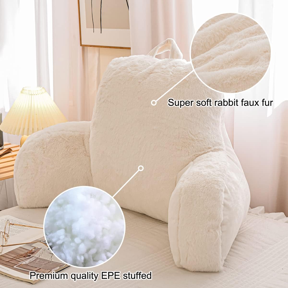 Holawakaka Large Faux Fur Bed Rest Pillow with Arms, Rabbit Fur Reading Pillows Perfect for Adults Men Women, Arm, Back, Pregnancy Lumbar &…