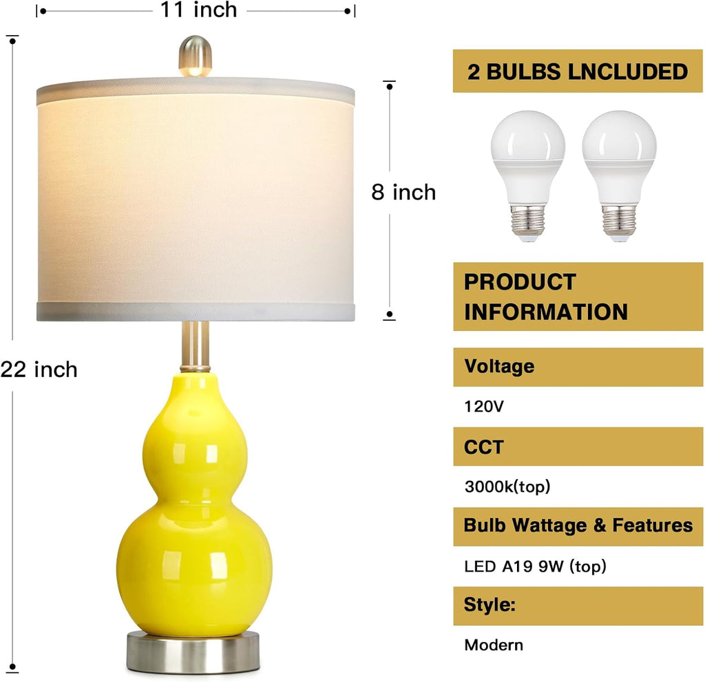 Rinweey Double Gourd Ceramic Table Lamps Set of 2, Modern Yellow Bedside Lamps for Night Stand, Contemporary Nightstand Lamps for Bedroom…
