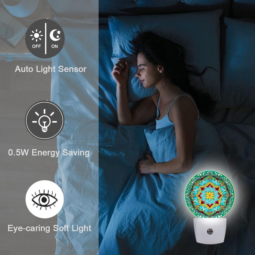 Mandala Flower Plug in Night Light Auto Light Round Lamps Energy Saving Gift for Women Men Friends