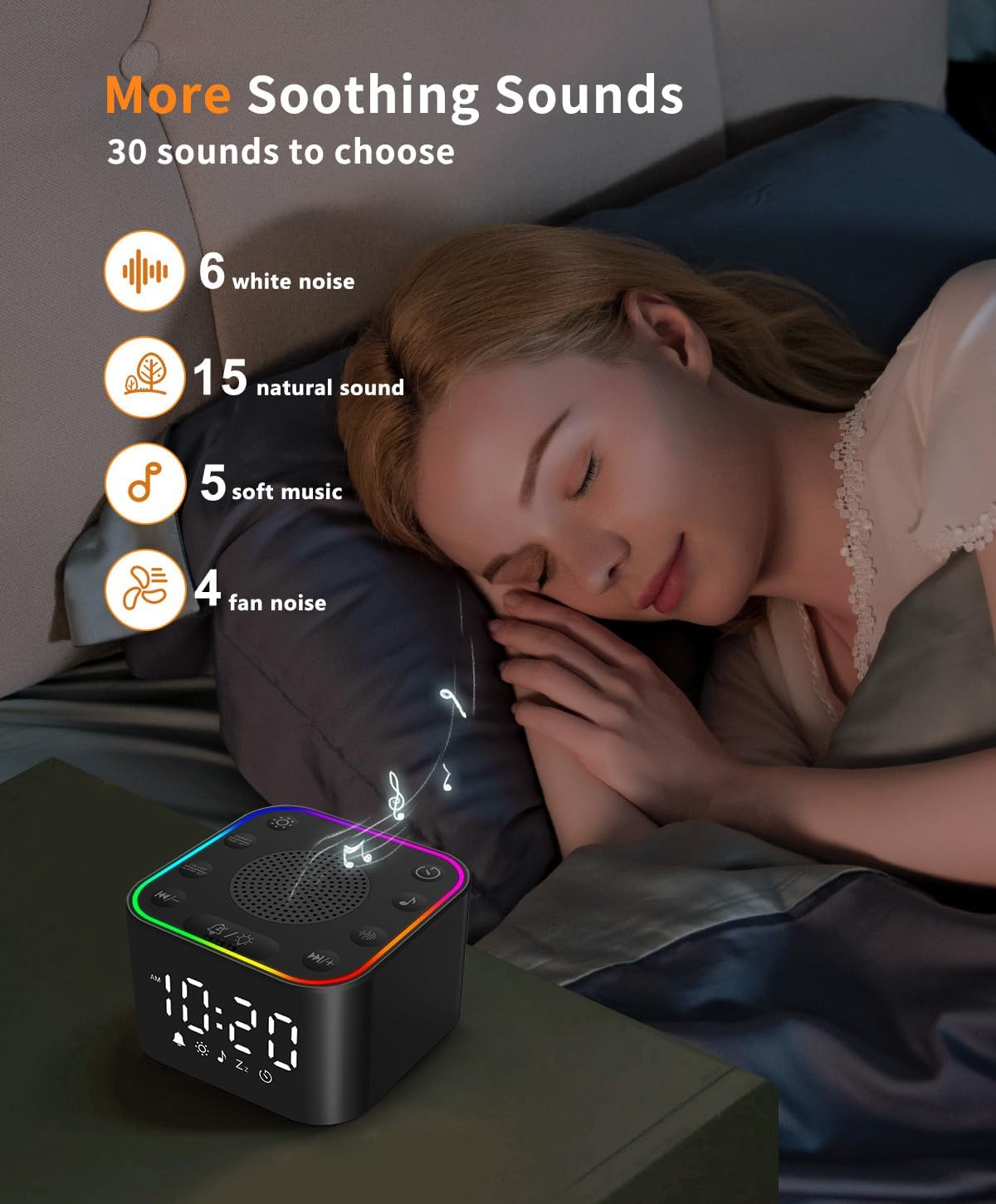 White Noise Sound Machine, Alarm Clock with Sound Machine for Sleeping, White Noise Machine with Digital Clock for Bedrooms, RGB Night…