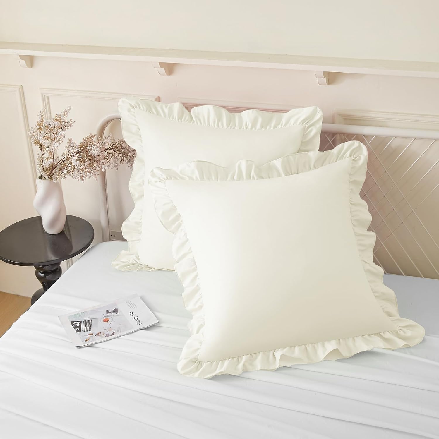 KKJIAF Ruffle Pillow Cases 22x22 Inches, Beige Square Ruffled Pillow Covers Set of 2, Microfiber Wrinkle Resistant Pillow Shams with…