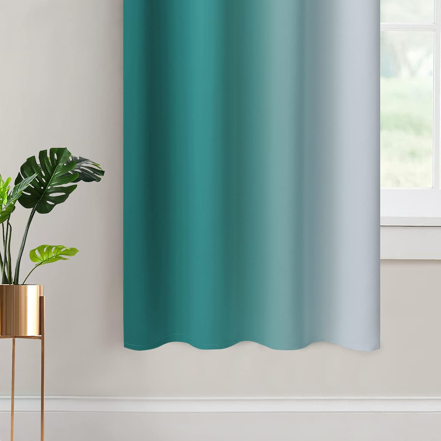 Yakamok Teal and Greyish White Ombre Curtains 63 Inch Length, Light Blocking Gradient Color Curtains, Room Darkening Thermal Insulated Grom…