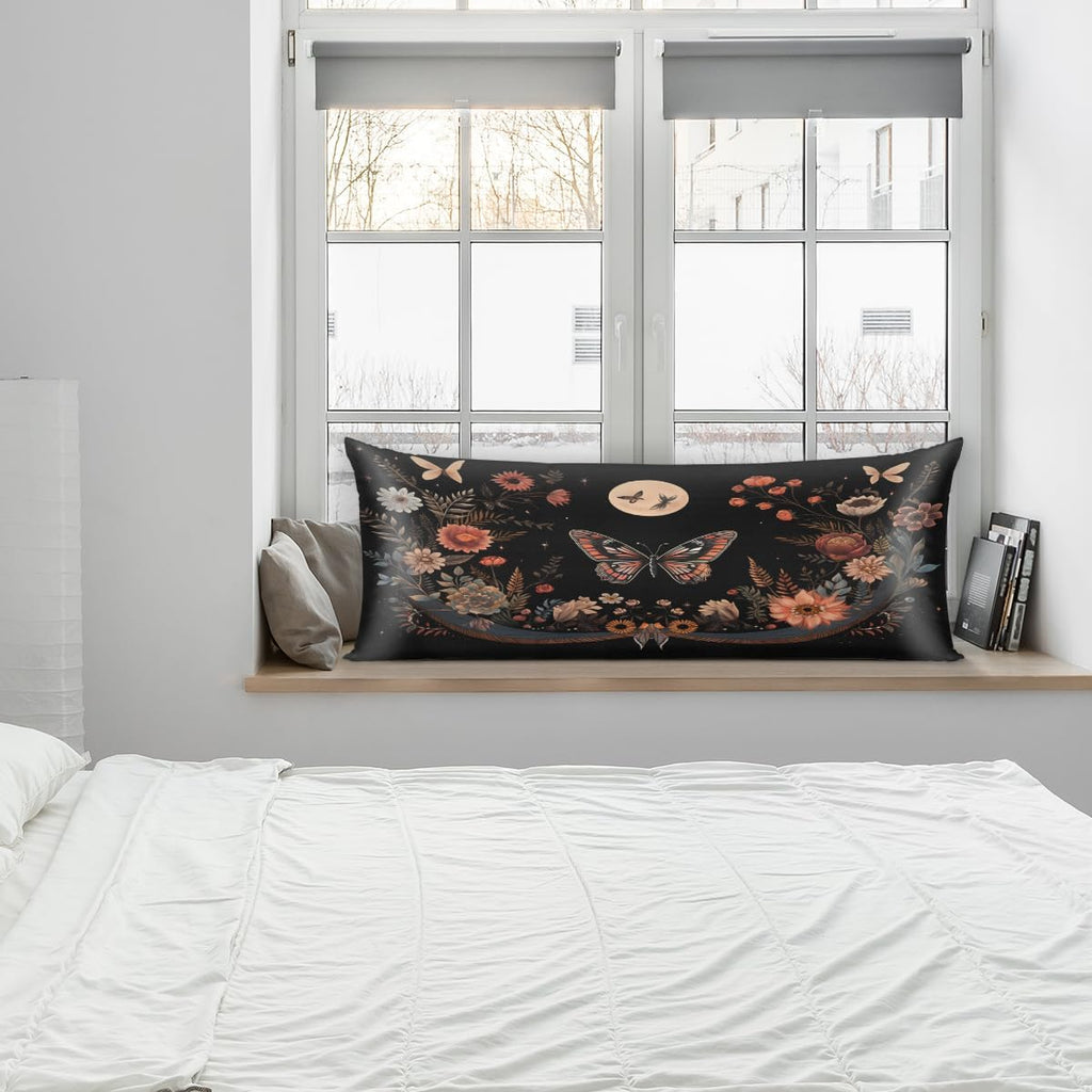 Butterfly Floral Moon Print Body Pillow Covers Decorative Soft Bedding Satin Pillowcase with Zipper Closure Cooling Breathable Long…